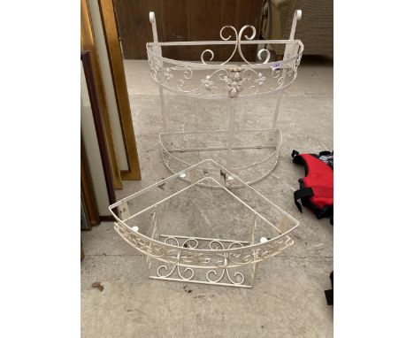 A METAL WHITE CORNER SHELF FRAME AND A ROUND TWO TIER UNIT 