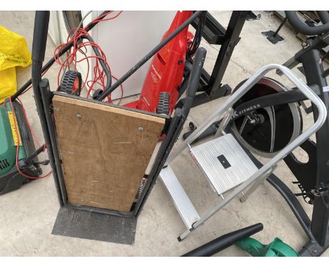 A QUALCAST LAWNRAKER, A PANASONIC HOOVER, A SACK TRUCK, SHOPPING TROLLEY AND STEP LADDERS ETC 