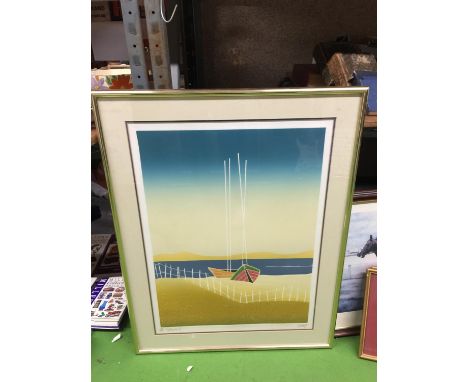 A LIMITED EDITION - 41/200 - SIGNED PRINT OF BOATS ON A BEACH 63CM X 80CM 