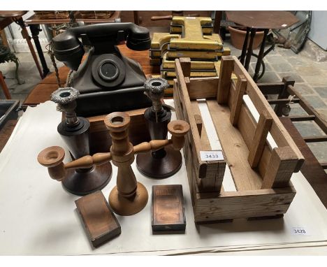 APPROX 8 ITEMS MIXED LOT - CANDLE STICKS / PHONE / PRINT BLOCKS ETC 