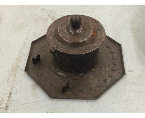 AN ARTS AND CRAFTS COPPER INKWELL WITH EMBOSSED DESIGN AN INNER LINER - LINER A/F 