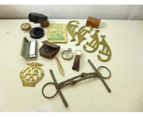 A COMPASS WITH LEATHR CASE, HARMONICA, WHISTLE, HORSE BIT, BRASS AA BADGE ETC 