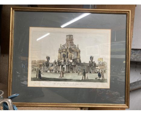A VINTAGE FRAMED PRINT OF 'THE GRAND PAVILLION IN THE GREEN PARK' 53CM X 43CM 