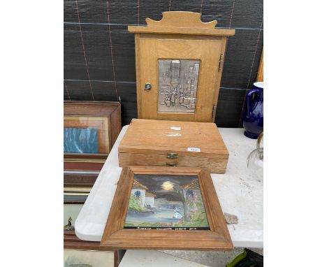 A WOODEN CUPBOARD, A WOODEN BOX CONTAINING FISHING FLOATS AND A FRAMED PRINT 
