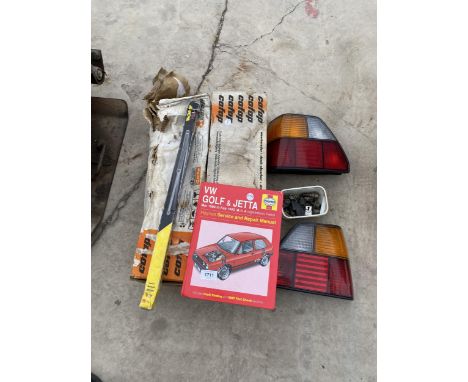 AN ASSORTMENT OF AUTOMOBILE ITEMS TO INCLUDE REAR LIGHTS, A HAYNES MANUAL AND COFAP SHOCK ABSORBERS ETC 
