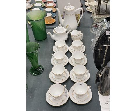 A ROYAL WORCESTER CHINA COFFEE SET - WHITE WITH GILD PATTERN - TO INCLUDE A COFFEE POT, CUPS, SAUCERS, CREAM JUG, SUGAR BOWL 