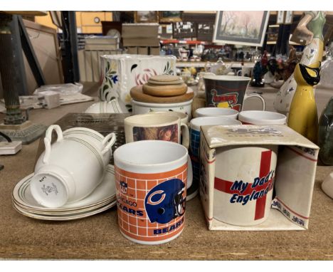 A MIXED LOT OF MUGS, KENT BONE CHINA CUPS &amp; SAUCERS, LARGE PLANTER, SHAVING SET, CORRINA EGG CUP &amp; TIMER SET ETC., 