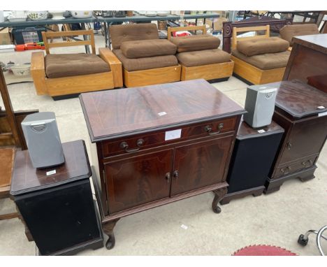 A MAHOGANY AND INLAID STEREO CABINET, TWO SPEAKER CASES, TWO SPEAKERS AND CABINET ON CABRIOLE LEGS 