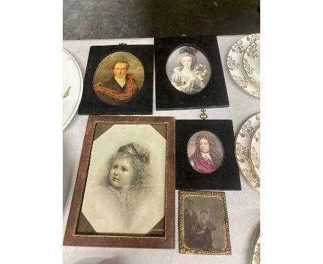 A FRAMED MINIATURE PORTRAIT PAINTED IN OIL OFA GENTLEMAN, TWO FRAMED PORTRAIT PRINTS, PLUS TWO FRAMED PRINTS 