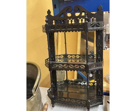 A CARVED MIRROR BACJED THREE SHELF WALL UNIT 40CM X 70CM (A/F) 