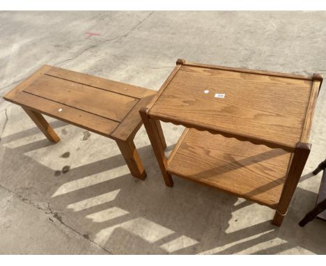 A LIGHT OAK TWO TIER TROLLEY (LACKING WHEELS) 