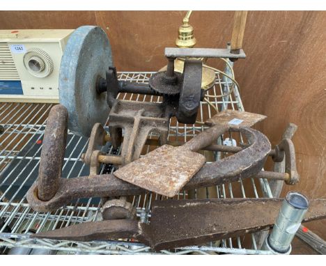 AN ASSORTMENT OF VINTAGE ITEMS TO INCLUDE A GRIND STONE AND A LARGE BUTCHERS HOOK ETC 