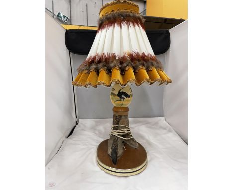 A TABLE LAMP IN THE FORM OF A TAXIDERMY OSTRICH FOOT AND PAINTED OSTRICH EGG ON AN OAK BASE WITH A SHADE DECORATED WITH OSTRI