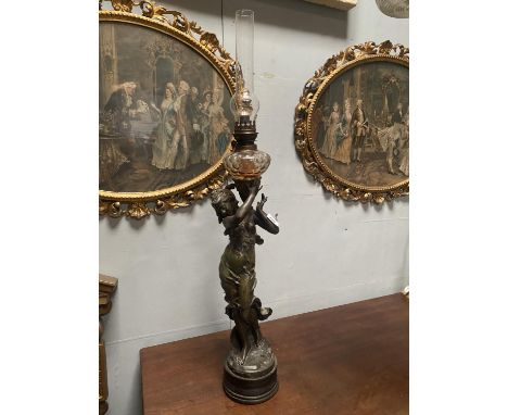 ART NOUVEAU BRONZED OIL LAMP BY AUGUSTE MOREAUAPPROX 95CM HIGH 