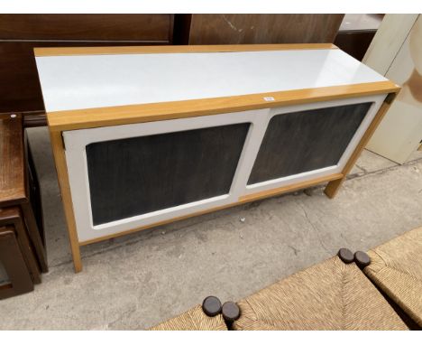 A MODERN SIDE CABINET WITH SLIDING DOORS AND MELAMINE TOP, 57" WIDE 