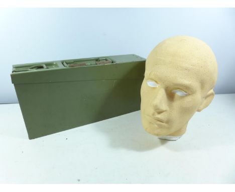 A GREEN PAINTED AMMUNITION BOX AND A POLYSTYRENE HEAD (2) 