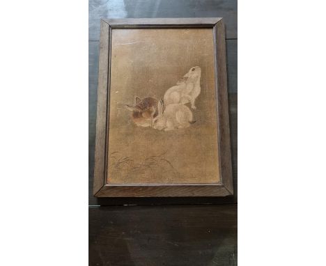 ORIGINAL VICTORIAN JAPANESE OVER PAINTED PRINT ON BOARD 3 RABBITSSLIGHT ALTERATION - "OVER PAINTED PRINT" 