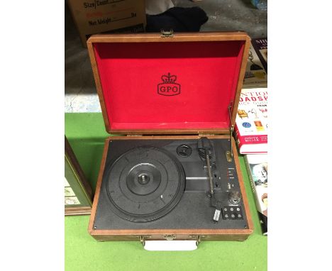 A VINTAGE STYLE G.P.O. RECORD PLAYER IN CASE 