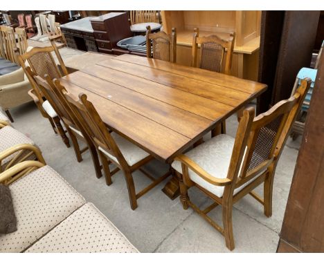 A MODERN HARDWOOD REFECTORY STYLE DINING TABLE ON THREE TURNED PILLAR ENDS, STRAIGHT STRETCHER, 72X42" AND SIX MATCHING DININ