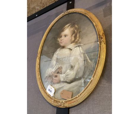 CHARMING EDWARIDAN GILT FRAMED PASTEL PORTRAIT - CHILD WITH TOY HORSESIGNED AND DATED APPROX 68CM X 50CM 