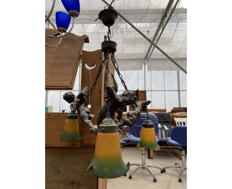 A DECORATIVE ART DECO STYLE CEILING LIGHT FITTING WITH CHERUB DESIGN AND COLOURED GLASS SHADES 