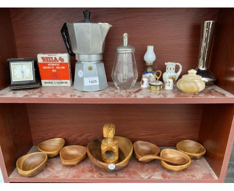 AN ASSORTMENT OF ITEMS TO INCLUDE TREEN BOWLS, A VASE AND AN ONTX TRINKET BOX ETC 