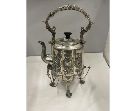 A ALFRED BROWKETT, BIRMINGHAM SILVER PLATED DECORATIVE SPIRIT KETTLE 