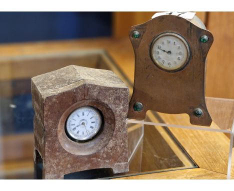 Antique Art Nouveau Miniature Copper Clock (Newlyn style) + a Silver Continental Pocketwatch Wooden Housed Bedroom Clock - bo