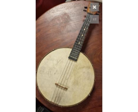 Banjolele Banjo Guitar, 1930's and signed to the vellum by American USA Bluegrass musician, Eddie Peabody, 1937 - Vaudeville 