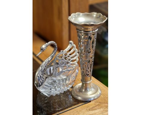 Silver Hallmarked Goblet (126g) &amp; Swan Detail Silver Dressing Table Dish - 393g combinded inc the glass dish