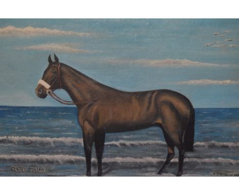 Charles Jackson (20th Century, British), amateur oil on board, 'Red Rum', the racehorse in front of a seascape, signed and da