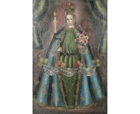 A 20th century Spanish Colonial/Peruvian portrait of the Virgin Mary, wearing a crown, and holding candlestick and flowers, w