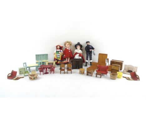 A quantity of vintage dolls house furniture, including a number of pieces by Dol-Toi, together with four vintage dolls, 22cm 