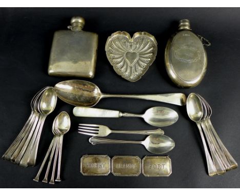 A small collection of silver items, including a Victorian silver hip flask, of oval form with engine turned decoration, Birmi