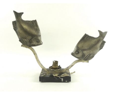 An early 20th century French lamp formed as two fish swimming towards light source, on portor marble base, the fish signed M 
