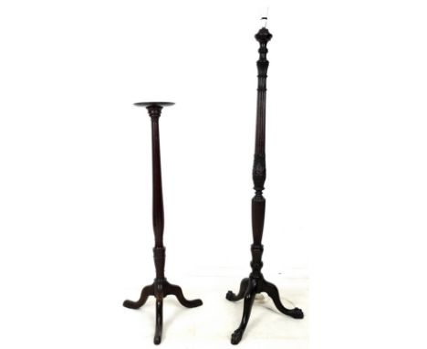 An Edwardian mahogany tripod standard lamp, reeded and carved column, carved claw feet, 50 by 150cm high, together with a Vic