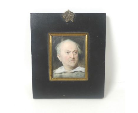 A Victorian portrait miniature of a gentleman, likely painted on ivory, unsigned in conventional ebonised frame with brass ro