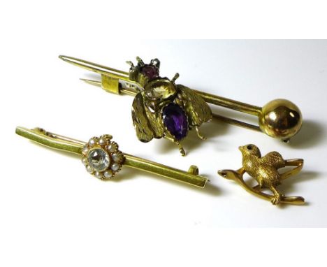 A group of three 15ct gold brooches, comprising a bar brooch with articulated bug, the body set with an amethyst, a citrine, 