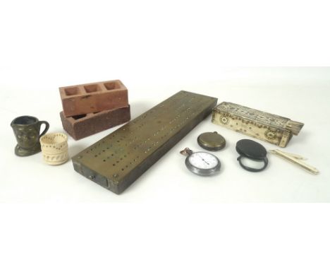 A collection of items including an early 19th century Napoleonic Prisoner of War carved bone set of dominoes, comprising 43 d