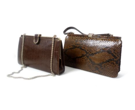 A vintage Harrods real lizard brown handbag, with gold plated chain handle and clasp, 26 by 17cm, together with another unmar