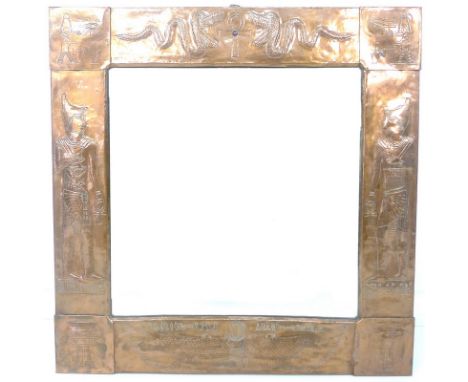 A 20th century square mirror with copper frame, the frame chased and embosse with Egyptian hieroglyphs and imagery such as an