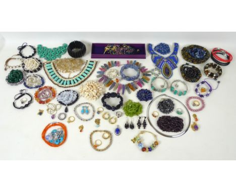 A collection of mostly silver and semi precious stone jewellery, including a bead necklace made up of seven strands of sapphi