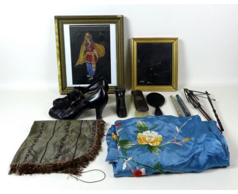 A collection of items including a 19th century painting of a gentleman sitting in the dark, holding a mug of beer, his pipe b