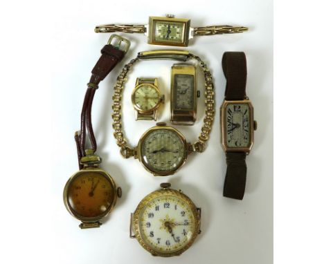 A group of seven lady's wristwatches, some lacking straps, comprising a MuDu 18K gold cased wristwatch, lacking strap, 1.8g w