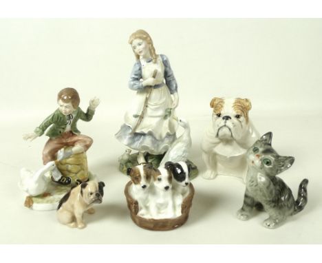 A group of Royal Doulton figurines, comprising 'The Goose Girl', HN2419, limited edition 112/12500, circa 1990, 20.5cm, baske