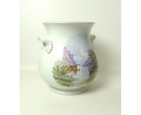 A late 19th century Continental ceramic jar, of bellied form with twin handles, missing lid, decorated to each side with a la