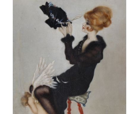 Attributed to Raphael Kirchner (1876 - 1917), Cupid in bondage, oil on canvas, thought to be a study for his postcard circa 1