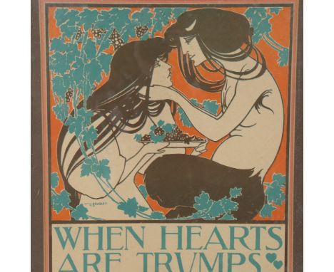 Will Bradley, Art Nouveau lithograph poster, "When Hearts Are Trumps", by Tom Hall, image 20" x 15.5", framedSlight paper dis