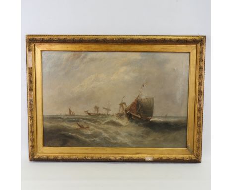 W Rogers, 19th century seascape, oil on canvas, signed, 19" x 30", framedSeveral small patch repairs, slightly dirty, very li