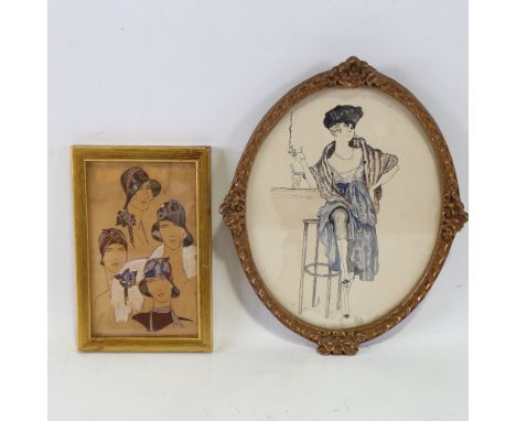 Art Deco fashion watercolour on fine paper, unsigned, 7.5" x 4.5", and a similar ink and watercolour study of a woman at a ba